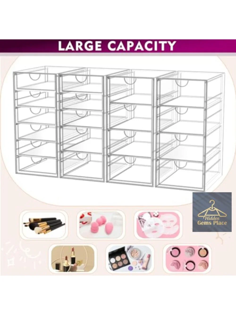 Acrylic Makeup Organizer with 19 Drawers, Cosmetic Storage & Desk Organizer